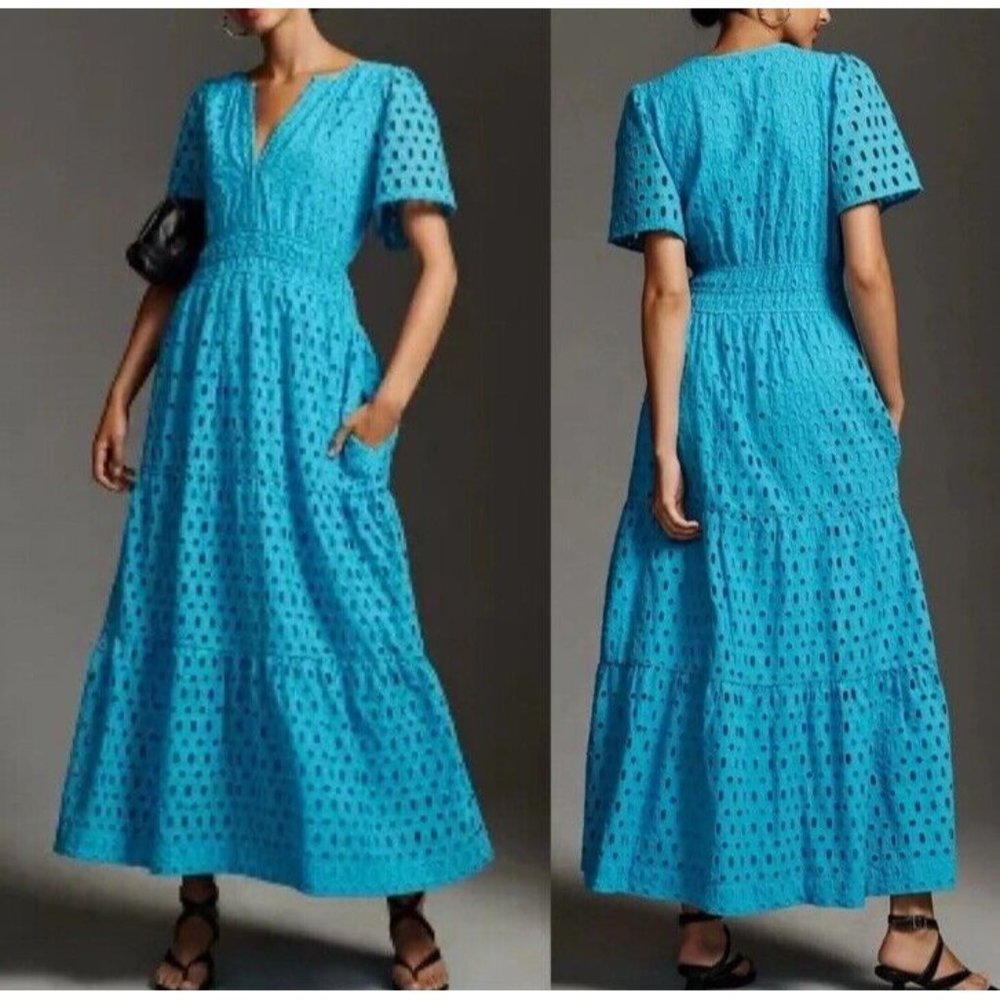 Anthropologie Sz S Dress The Somerset Maxi Eyelet turquoise Blue Tiered V-neck